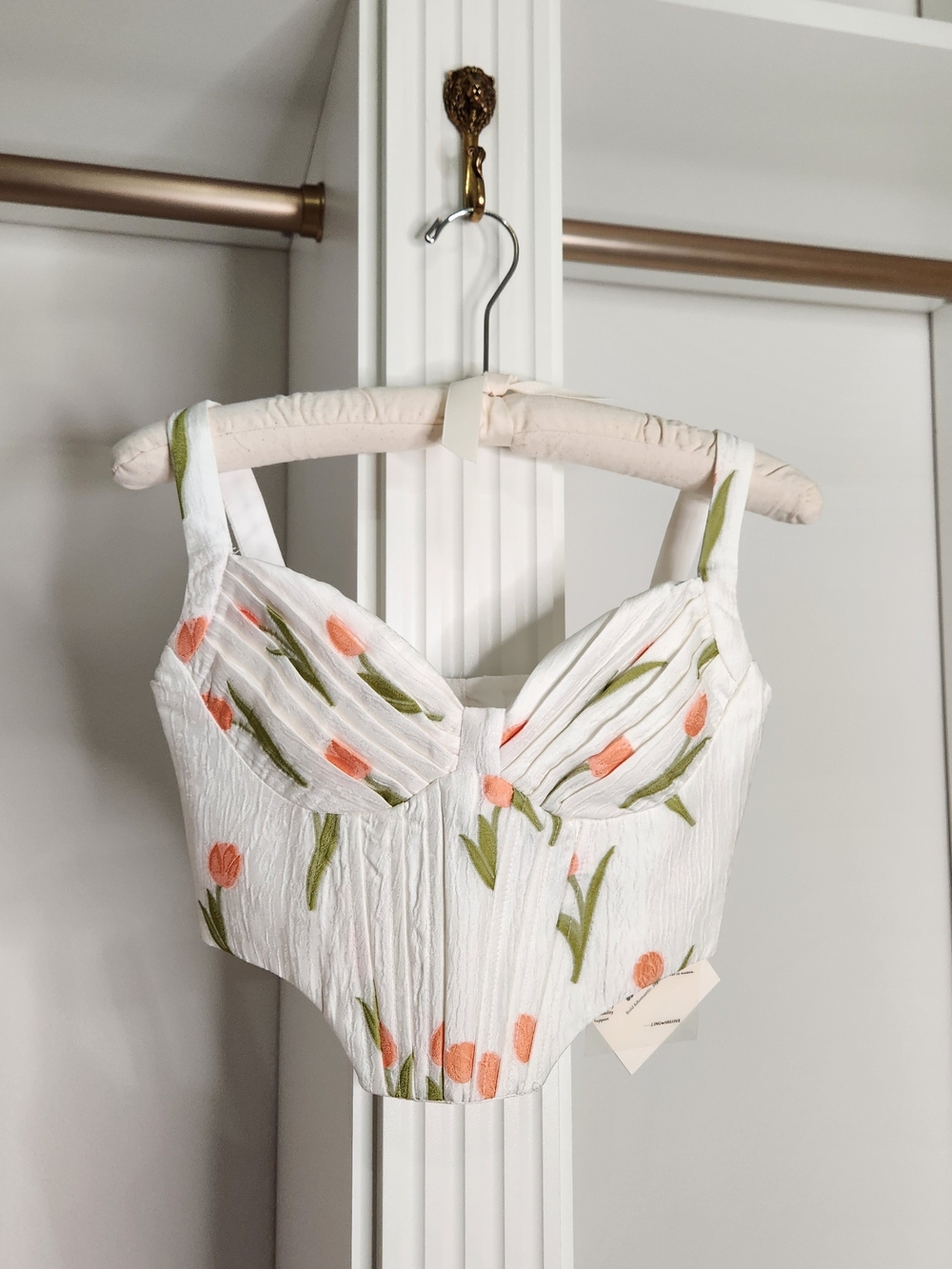 J.ING White Floral Corset-Style Crop Top with Peach Tulips